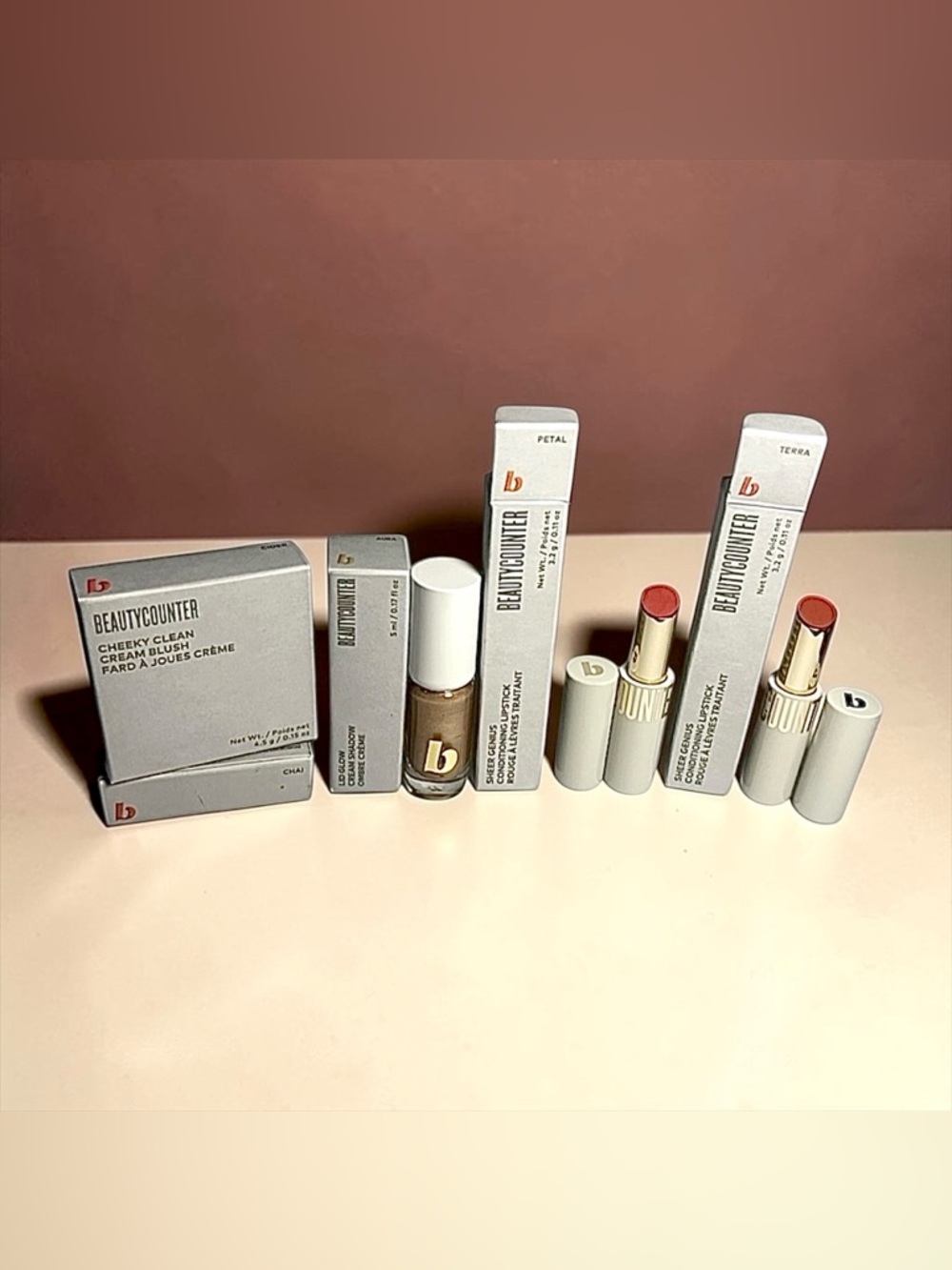 Beautycounter 5-Piece Makeup Lot: Cheeky Clean Blush, Lid Glow,Sheer Lipsticks